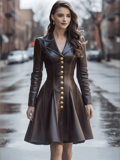 Chocolate Brown Faux Leather A-Line Coat Dress With Gold Buttons