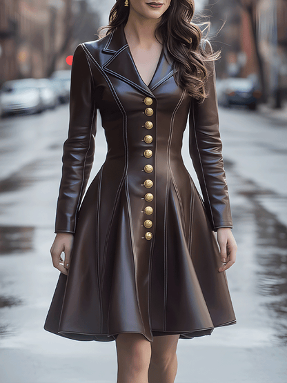 Chocolate Brown Faux Leather A-Line Coat Dress With Gold Buttons