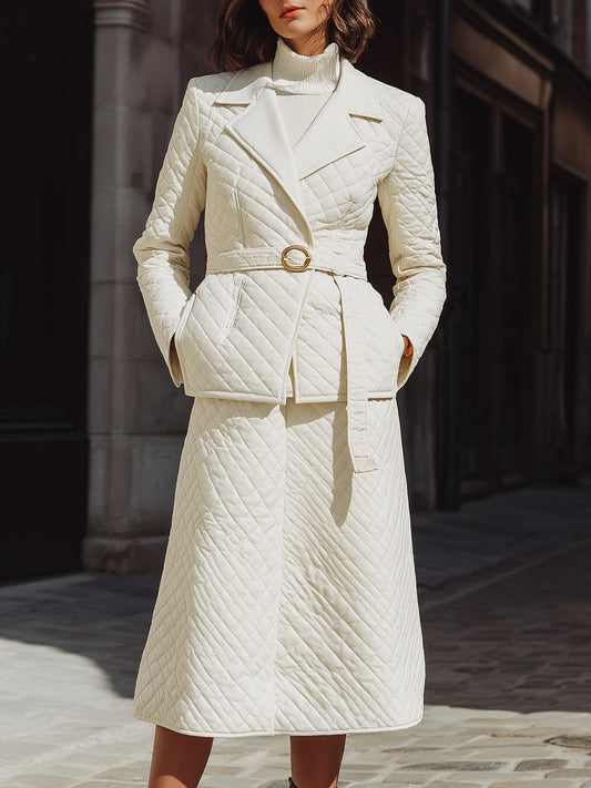 Quilted Belted Coat And Skirt Ensemble In Ivory