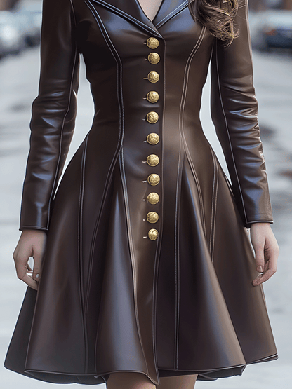 Chocolate Brown Faux Leather A-Line Coat Dress With Gold Buttons