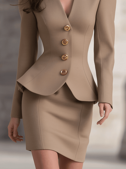 Camel Hourglass Blazer Skirt Suit With Gold Buttons