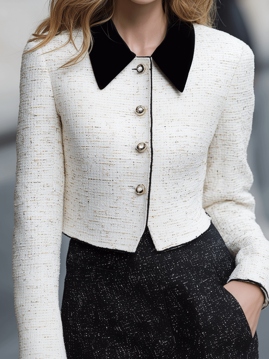 Ivory Tweed Cropped Jacket With Velvet Collar