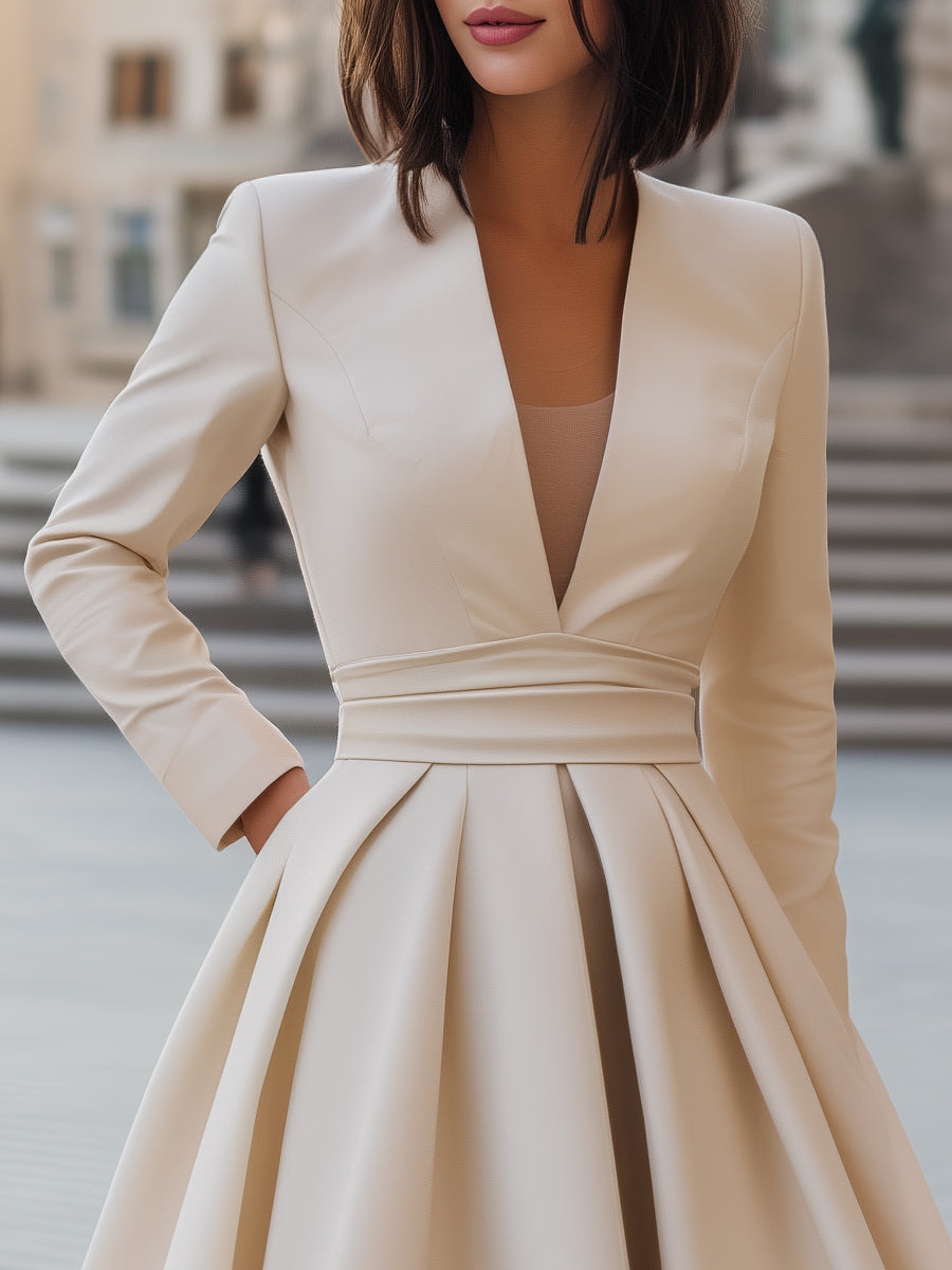 V Neckline Pleated Fit-and-Flare Midi Dress