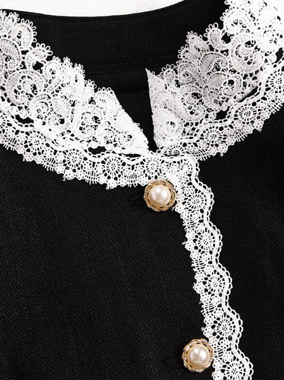 Elegant Pearl Button Blazer With Contrast Lace Trim