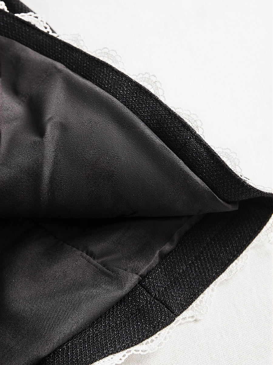 Elegant Pearl Button Blazer With Contrast Lace Trim