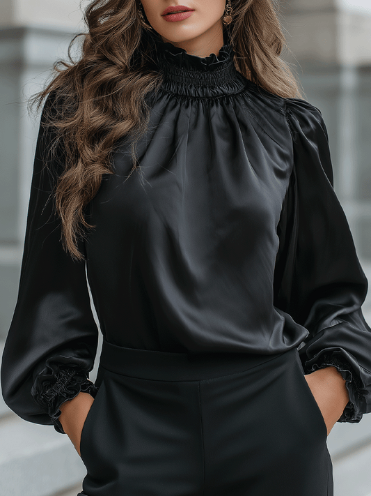 Noir Elegance High-Neck Satin Blouse