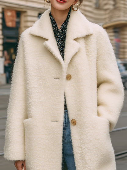 Elegant White Fuzzy Coat With Lapel Collar