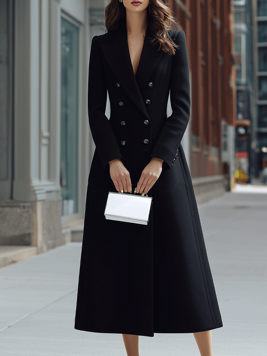 Black Double-Breasted Long Coat Dress