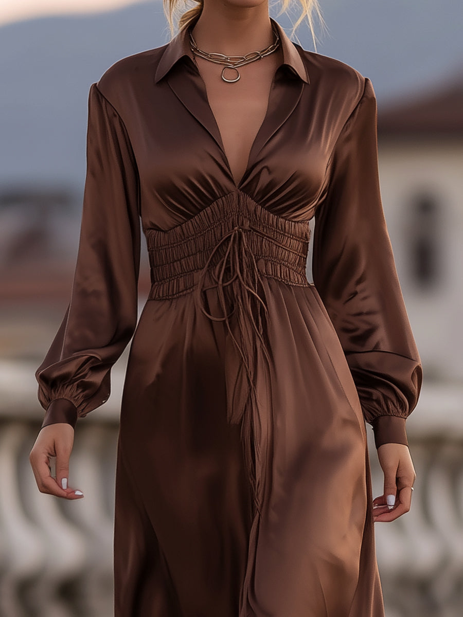 Beckwell Satin Cinched Waist Maxi Dress In Mocha Brown