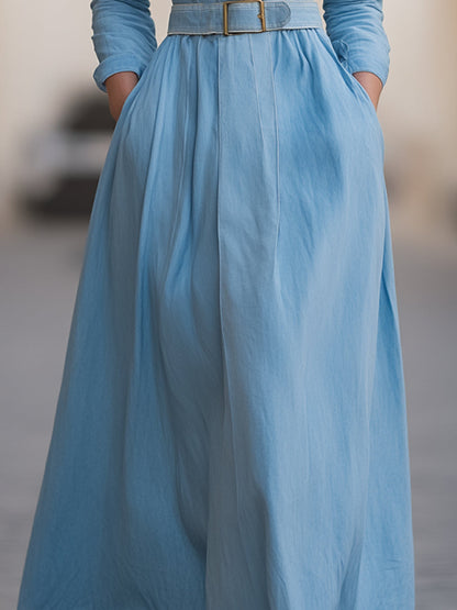 Classic Belted Denim Shirt Dress With Full Skirt