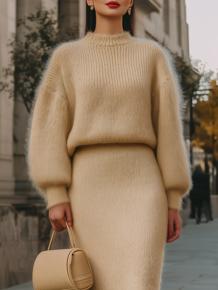 Luxurious Beige Knit Sweater And Skirt Set