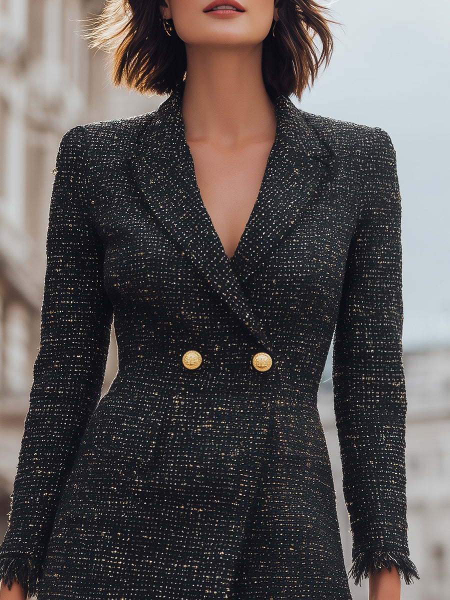 Fringed Hem Tweed Blazer Dress With Gold Buttons