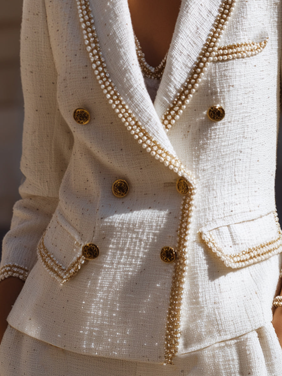 Ivory Pearl-Trim Tweed Blazer With Gold Buttons