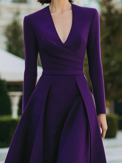 Plum A-Line Midi Dress With Pleated Skirt