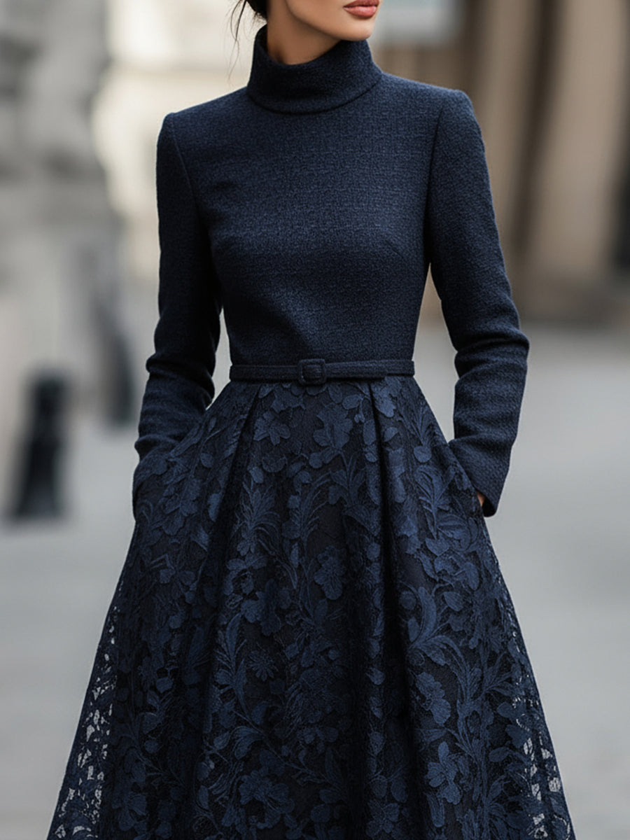 High-Neck Tweed And Lace Midi Dress