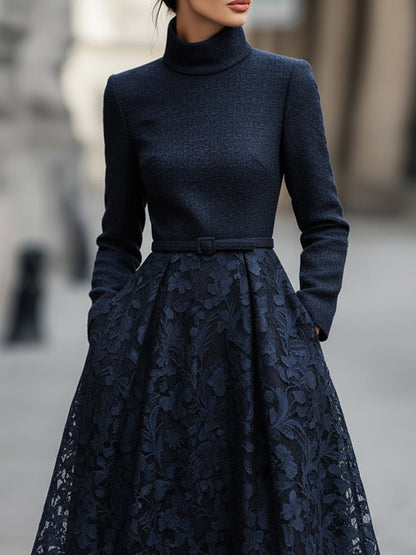 High-Neck Tweed And Lace Midi Dress