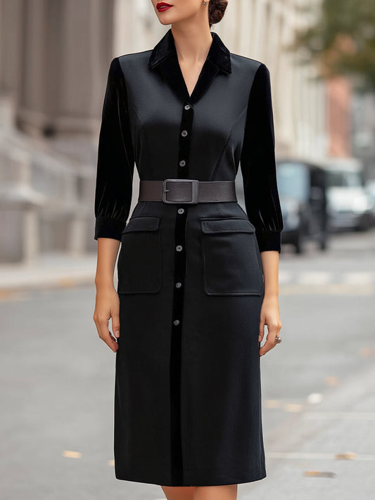 Button Down Velvet-Trimmed Belted Midi Dress