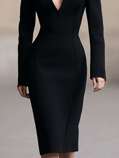 Black Structured V-Neck Pencil Dress