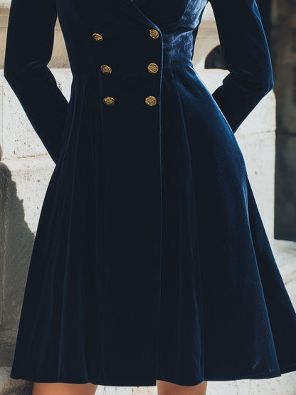 Navy Velvet Double-Breasted Blazer Dress