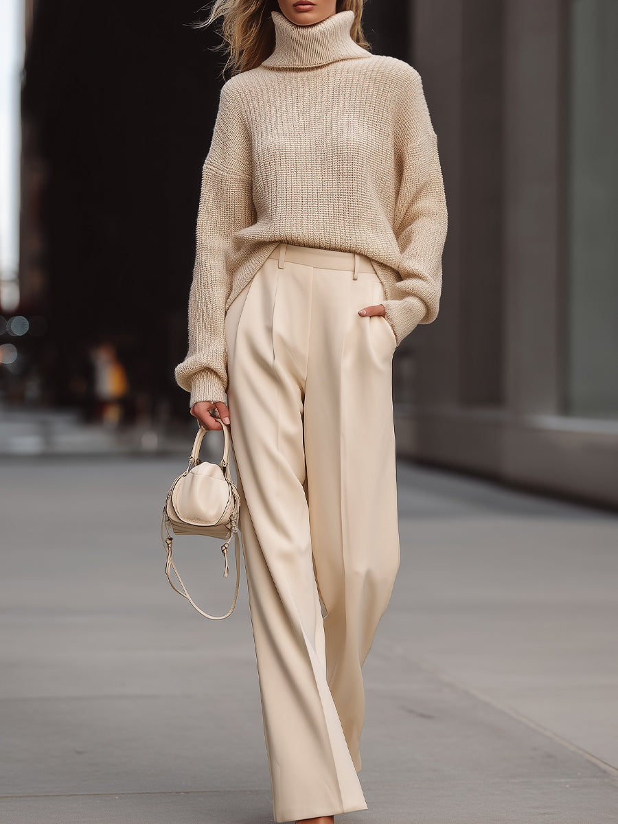 Cozy Beige Knit & Tailored Trousers Set