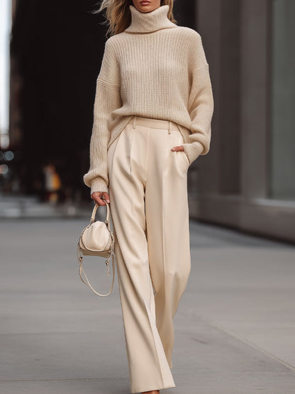 Cozy Beige Knit & Tailored Trousers Set