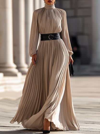 Pleated High-Neck Maxi Dress