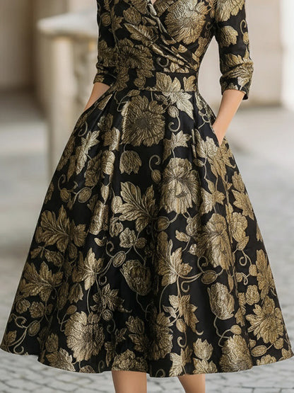 Mooyius Black & Gold Jacquard Floral Midi Dress