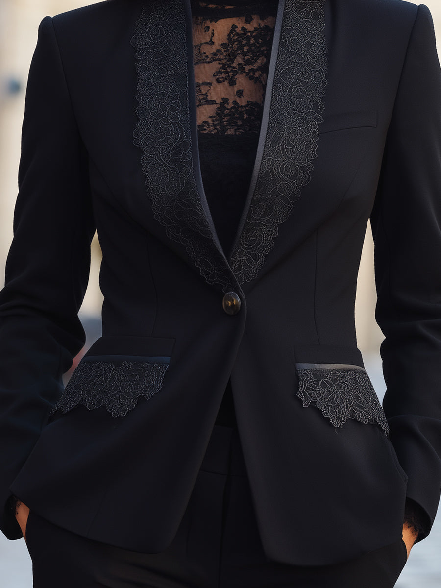 Structured Lace-Trim Tailored Blazer