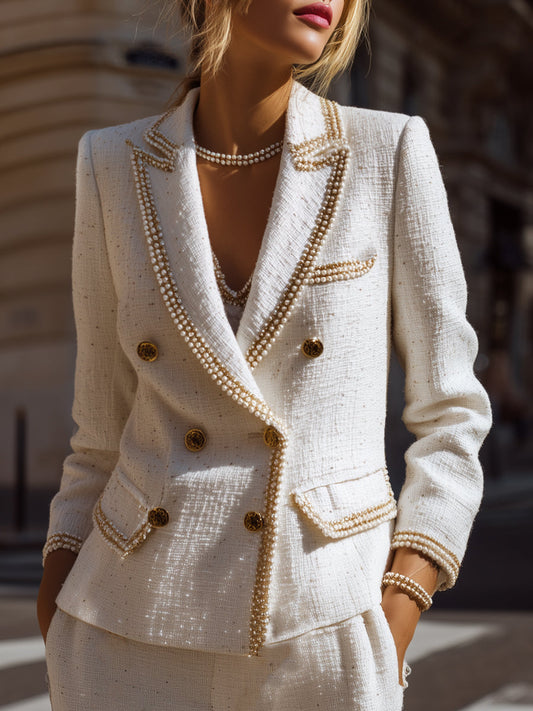 Ivory Pearl-Trim Tweed Blazer With Gold Buttons