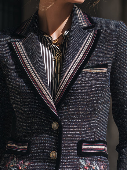 Deep Grey Embroidered Tweed Blazer