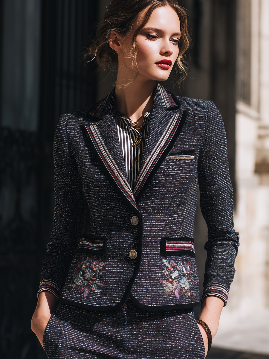 Deep Grey Embroidered Tweed Blazer