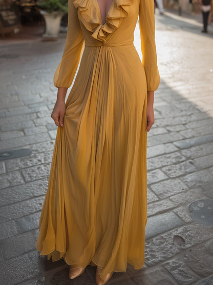 Ruffle Maxi Dress With Pleated Flow Skirt