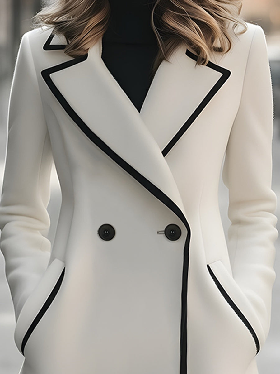 Elegant Double-Breasted Coat With Black Piping