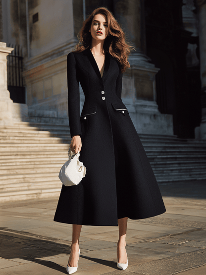 Black Tailored Coat Dress With Crystal Buttons