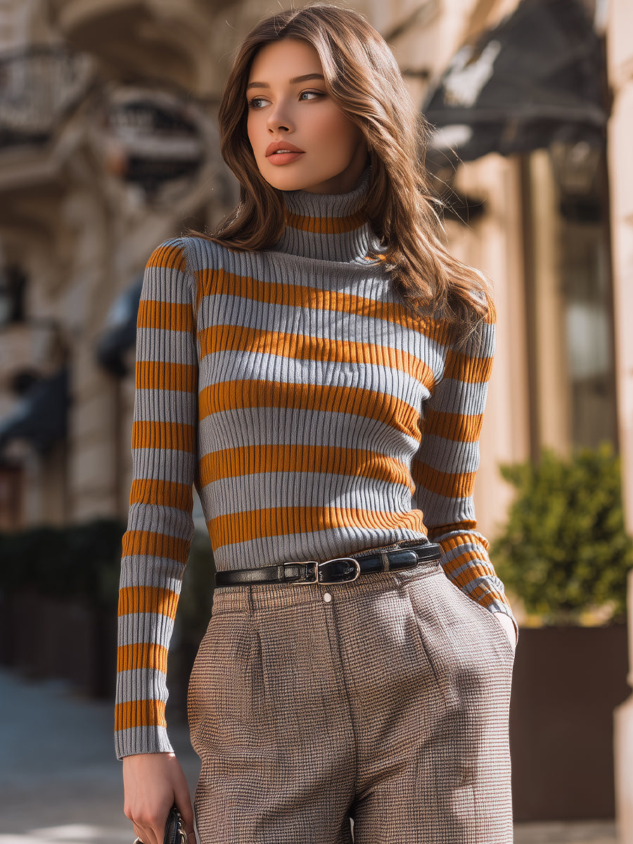 Amber Stripe Ribbed Turtleneck Sweater