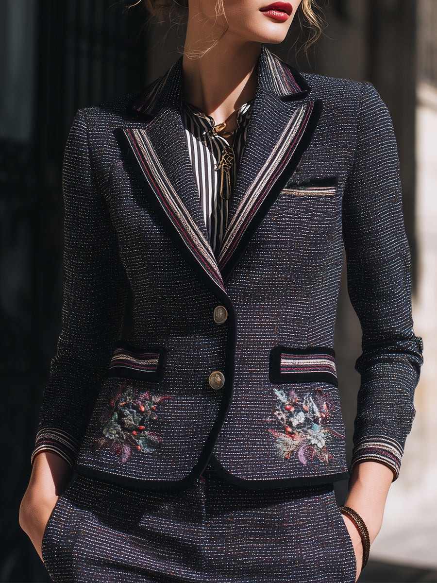 Deep Grey Embroidered Tweed Blazer