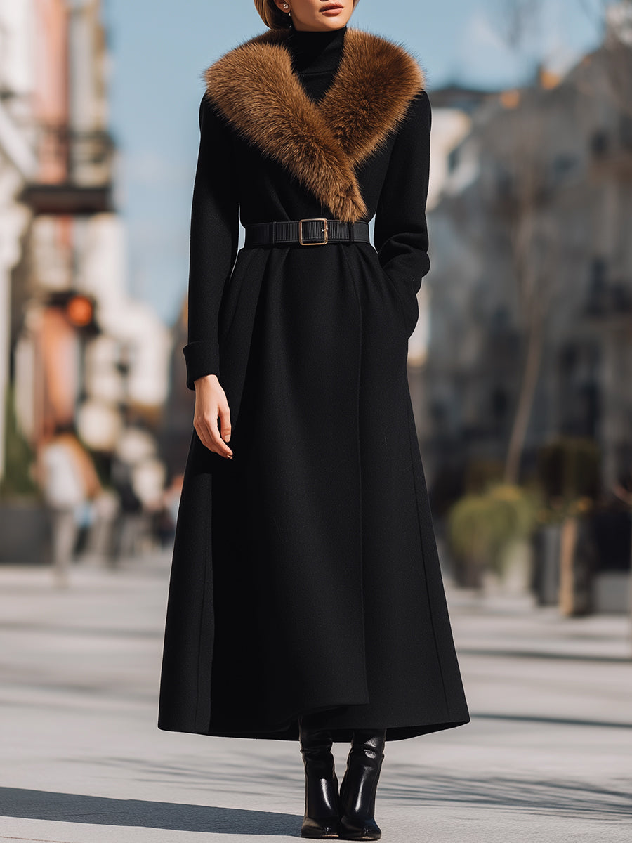 Black Wool Coat With Wide Faux Fur Collar