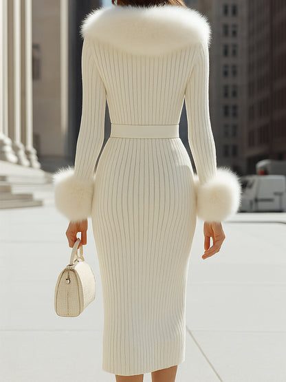 Luxurious White Faux Fur - Trimmed Ribbed Knit Midi Dress