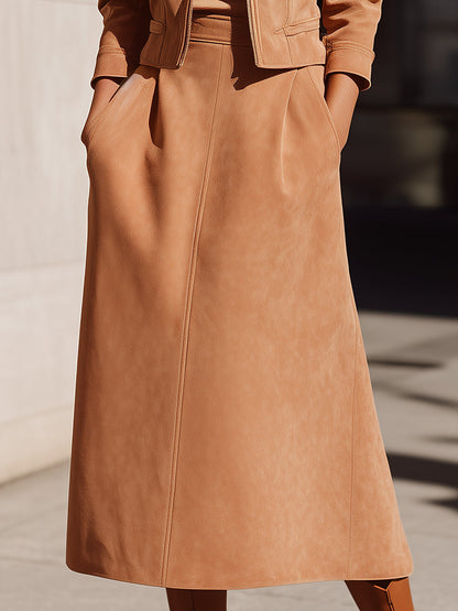 Faux Suede Jacket And A-Line Midi Skirt Set