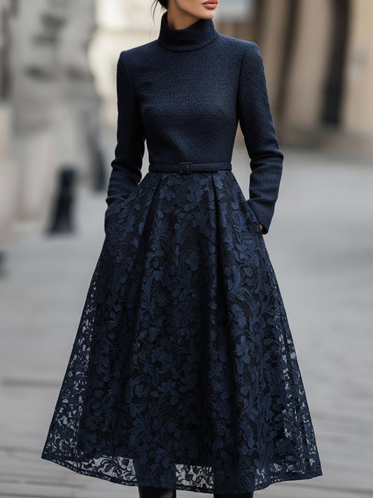 High-Neck Tweed And Lace Midi Dress