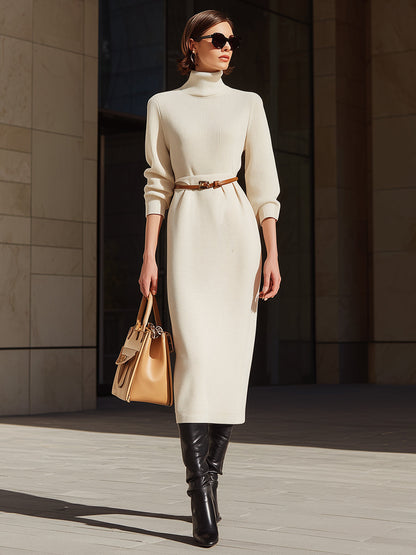 Ivory Knit Turtleneck Belted Dress