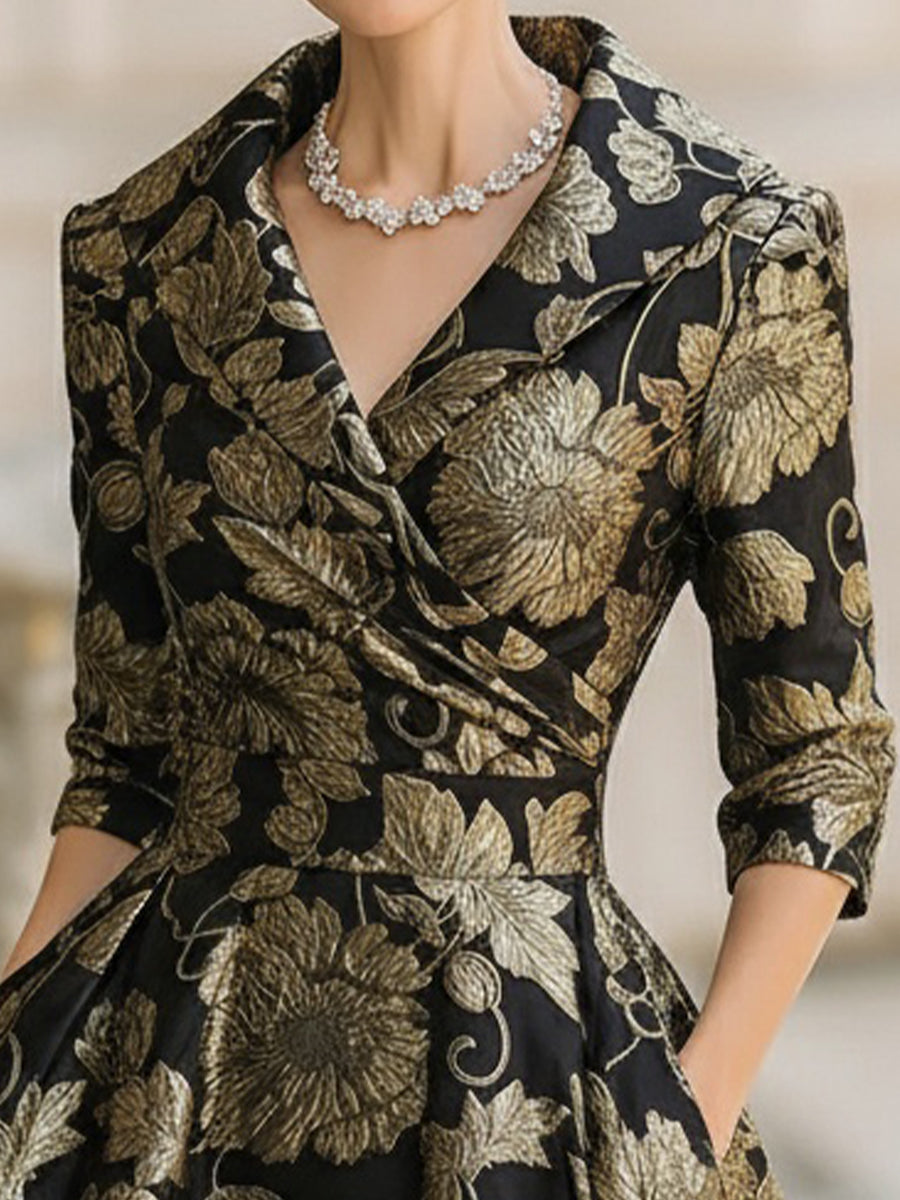 Mooyius Black & Gold Jacquard Floral Midi Dress