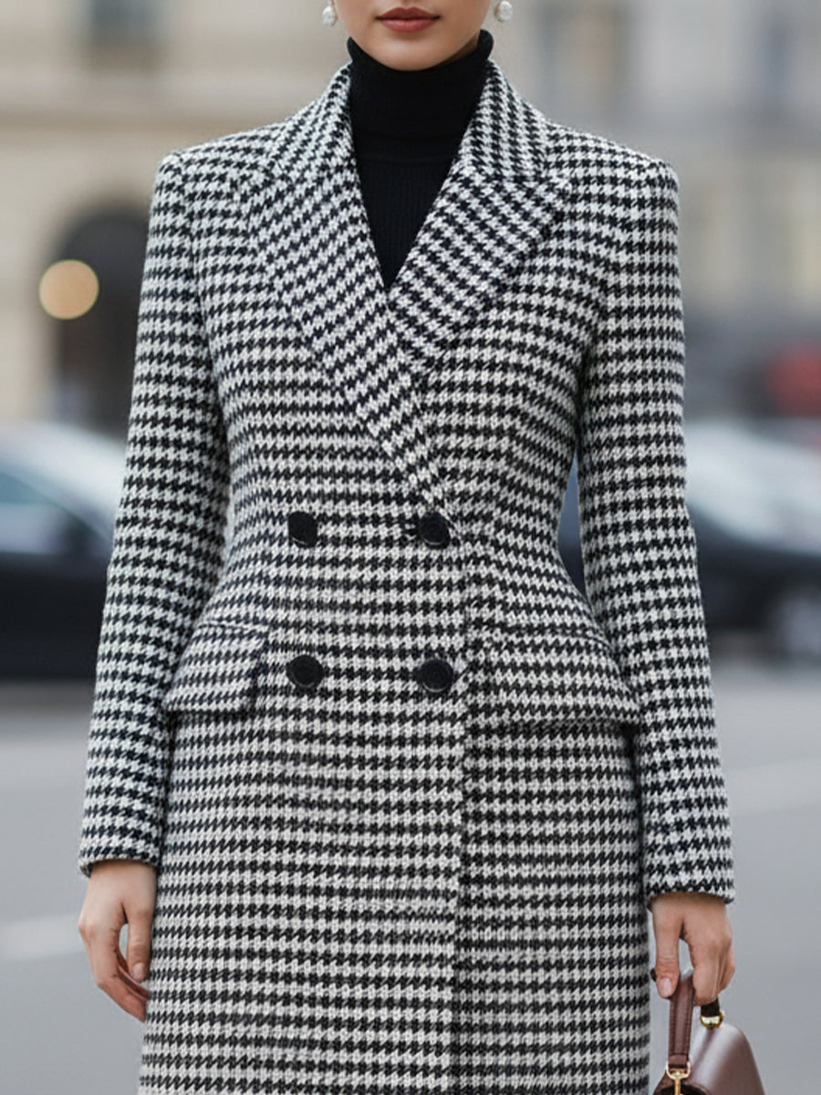 Timeless Black - White Houndstooth Double - Breasted Coat