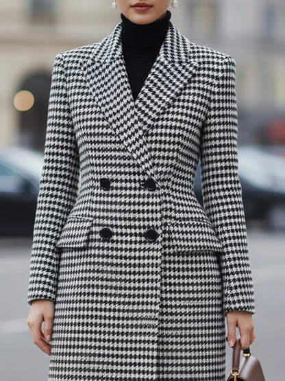 Timeless Black - White Houndstooth Double - Breasted Coat