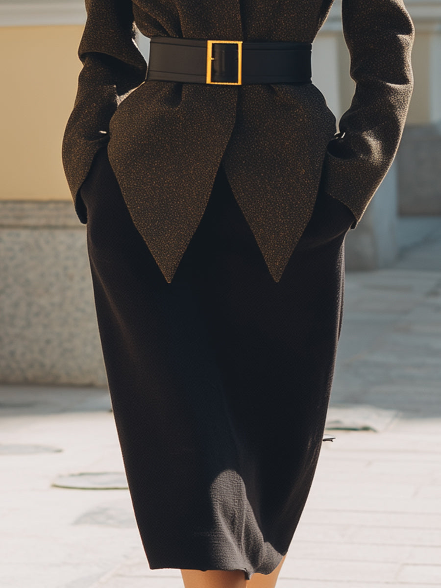 Structured Wool-Blend Belted Blazer Skirt Set