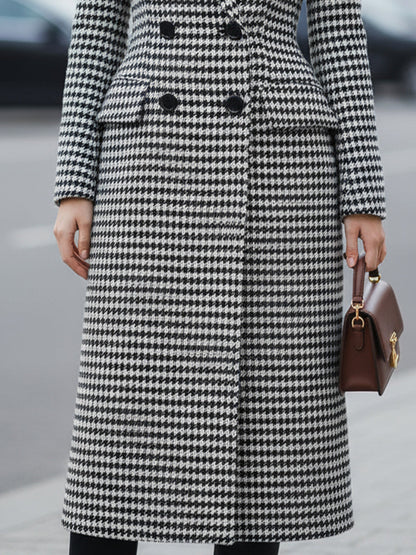 Timeless Black - White Houndstooth Double - Breasted Coat