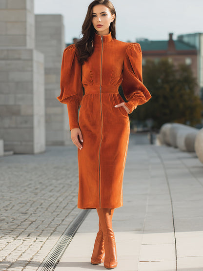 Burnt Orange Corduroy Zip Dress