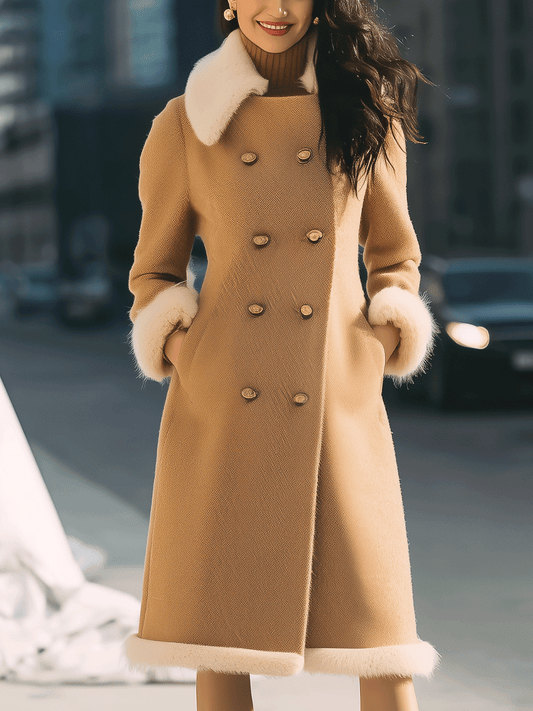 Camel Double-Breasted Coat With Contrast Fur Trim