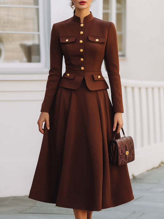 Buttons Front Structured Jacket And Midi Skirt Set