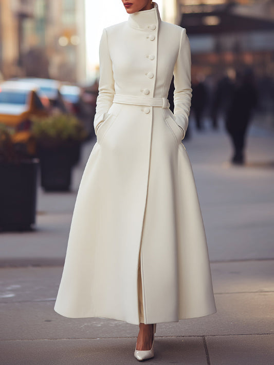 Regal White Military-Inspired Wool Coat